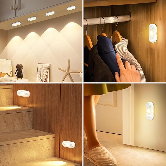 LED Motion Sensor Puck Lights, Magnetic Rechargeable Under Cabinet Lighting, Wireless Battery Operated Closet Light, Dimmable Under Counter Lights for Kitchen Stairs Hallway, Warm White, 4Pack, White