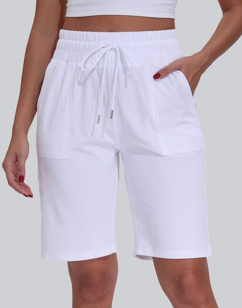 WEAREFO Women's Bermuda Shorts 10" Long High Waisted Comfy Jersey Knee Length Shorts with Pockets for Athletic Casual Wear (White, XL)