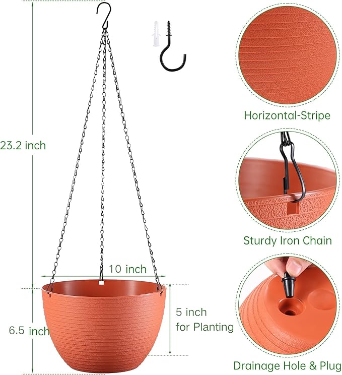 Set of 2 10 Inch Self Watering Hanging Planters for Indoor Outdoor Plants, Light Textured Hanging Baskets Flower Pots with Drainage Hole & Plug and 20" Chain Hanger