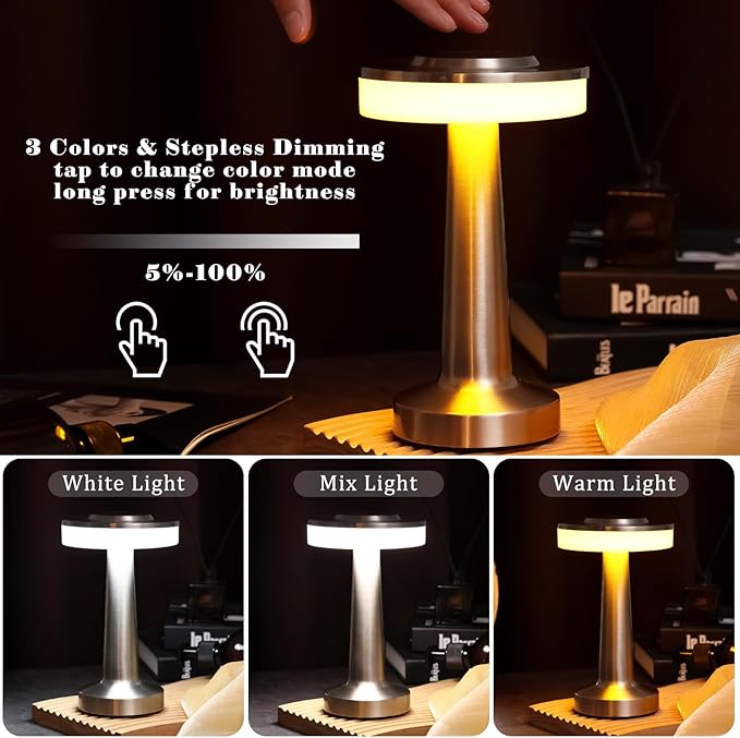 VIHOSE 12 Pcs Silver Cordless Table Lamps LED Portable Rechargeable Table Lamp with Touch Sensor 3 Color Dimming up to 15 Hours Battery Desk Light for Restaurant Nursery Living Room