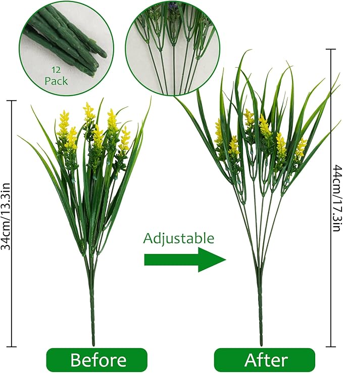 12 Bundles Artificial Plants Outdoor, 18.2" UV Resistant Faux Monkey Grass Greenery Stems No Fade Faux Plastic Flowers Shrubs for Home Weddings Garden Porch Front Patio Office Decor - Yellow