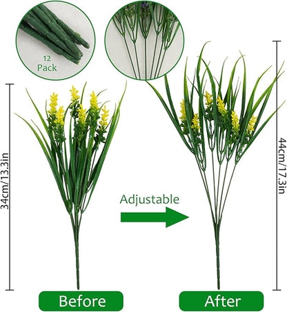 12 Bundles Artificial Plants Outdoor, 18.2" UV Resistant Faux Monkey Grass Greenery Stems No Fade Faux Plastic Flowers Shrubs for Home Weddings Garden Porch Front Patio Office Decor - Yellow