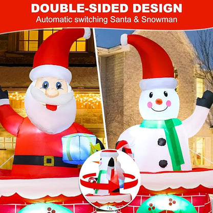 8ft Double-Sided Rotating Inflatable Snowman and Santa Claus Yard Decorations, Christmas Blow Up Decor for Indoor and Outdoor