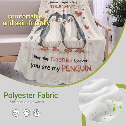 Cute Penguin Couple Lightweight Throw Blanket, Adorable Cartoon Animal with Heart, Warm Soft Cozy Flannel Blankets, Couch Dorm Home Decor All Season Use, 60x50in, Beige, Gifts for Friends