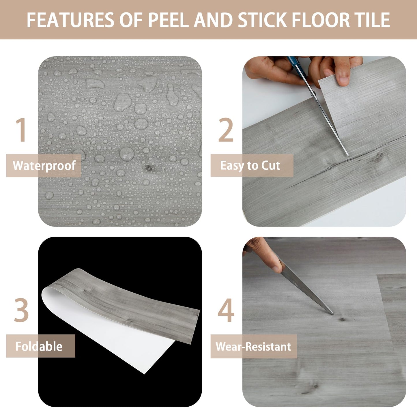 Peel and Stick Floor Tile, 10-Pack 15 Sq.Ft, Natural Grey Wood Grain Look, Self Adhesive and Waterproof for Transfer Bathroom, Kitchen, Living Room, Bedroom