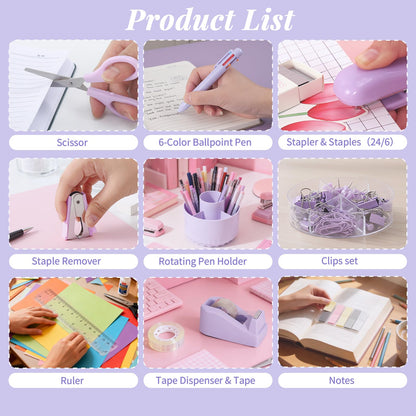 Smloplom Purple Desk Accessories, 11Pcs Desk Organizer with 360°Rotating Pen Holder, Stapler, Staples, Staple Remover, Pen, Ruler, Tape Dispenser, Tape, Clips, Scissor, Notes, Office Supplies