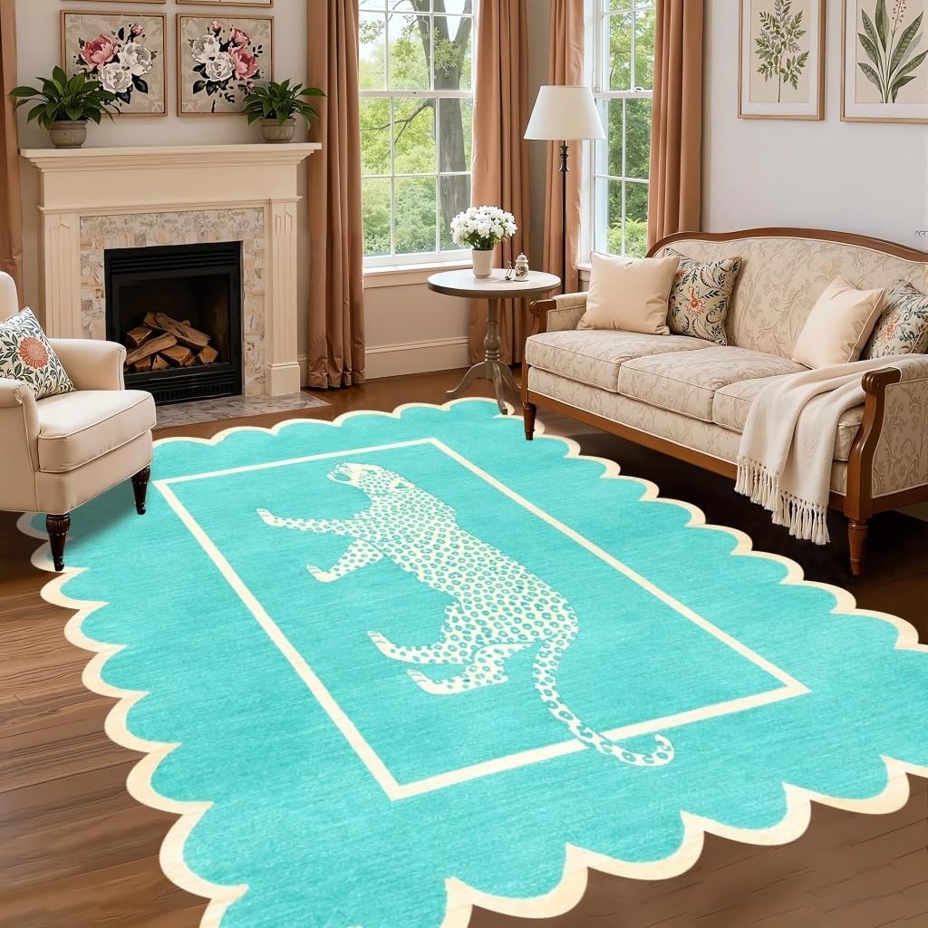 Cheetah Print Rugs 3x5 Faux Wool Washable Scalloped Edge Rug for Living Room Bedroom Apartment Non Slip Stain Resistant Leopard Carpet Modern Chic Dining Room Nursery Office Easy Clean Mat Teal Blue