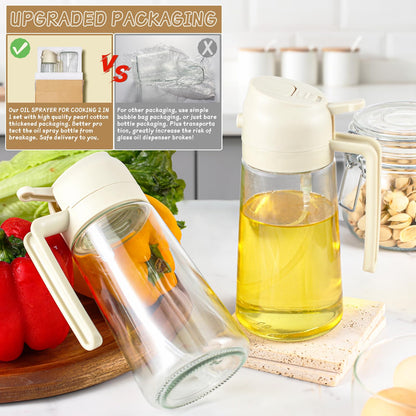 Oil Sprayer for Cooking 2pcs,2 in 1 Oil Dispenser and Oils Sprayer Kitchen Gadgets-16oz Glass Oils Spray Bottle,Mist Olive OilDispenser,Air Fryer,Salad,Grill (White Kitchen Accessories)