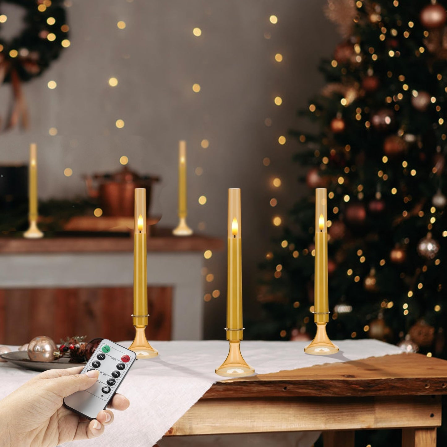 SEHNSY Gold Flameless LED Taper Candles with Remote and Timer, 6 Pack Battery Operated Candles 9.25"x0.75" for Xmas Wedding Decor, 3D Flickering Flameless Candles with Acrylic Candlesticks