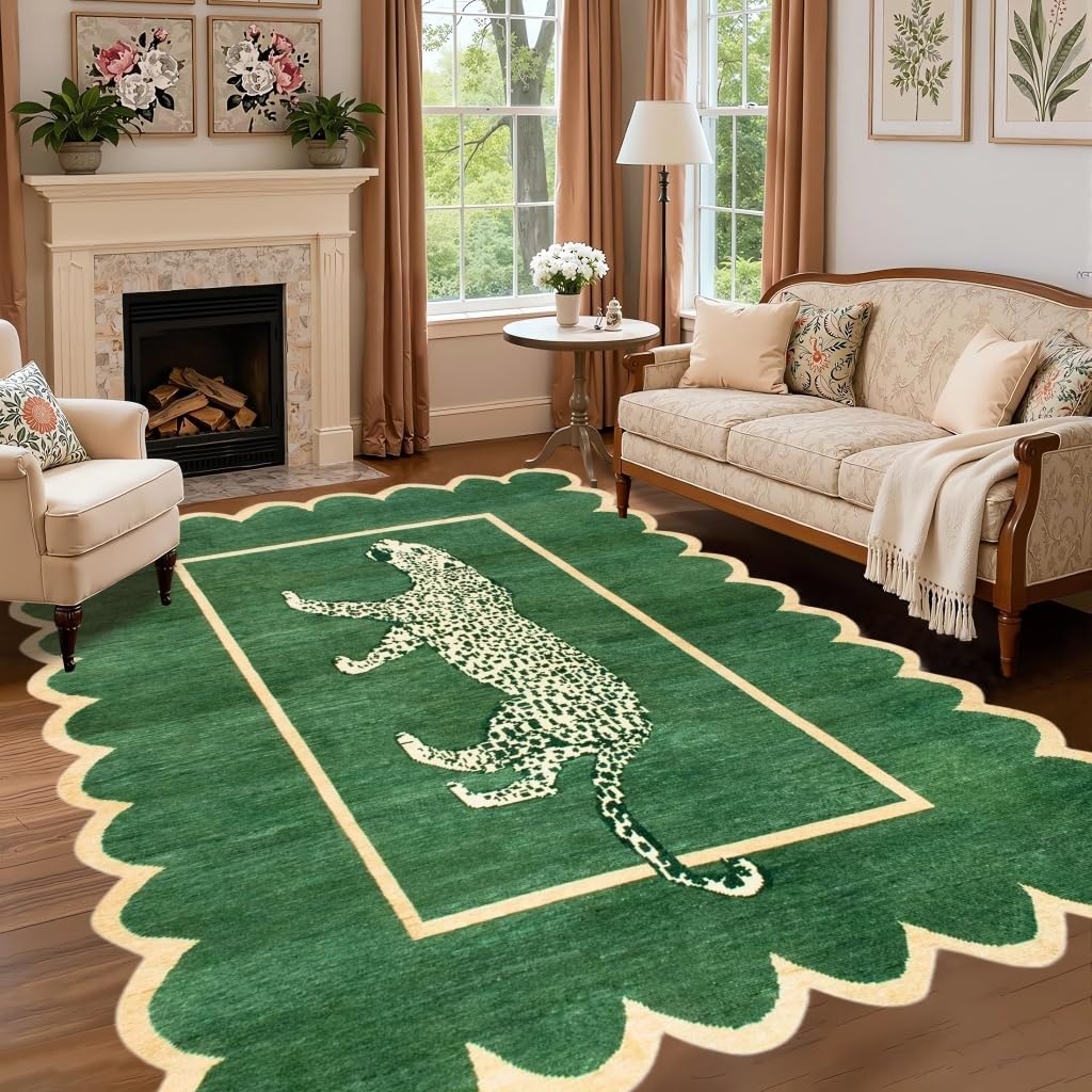 Retro Luxury Leopard Rug Emerald Green Beige Scalloped Edge Area Rug Aesthetic Animal Print Carpet for Bedroom Living Room Conference Room Apartment Non Slip Low Pile Washable Indoor Throw Mats 8x10