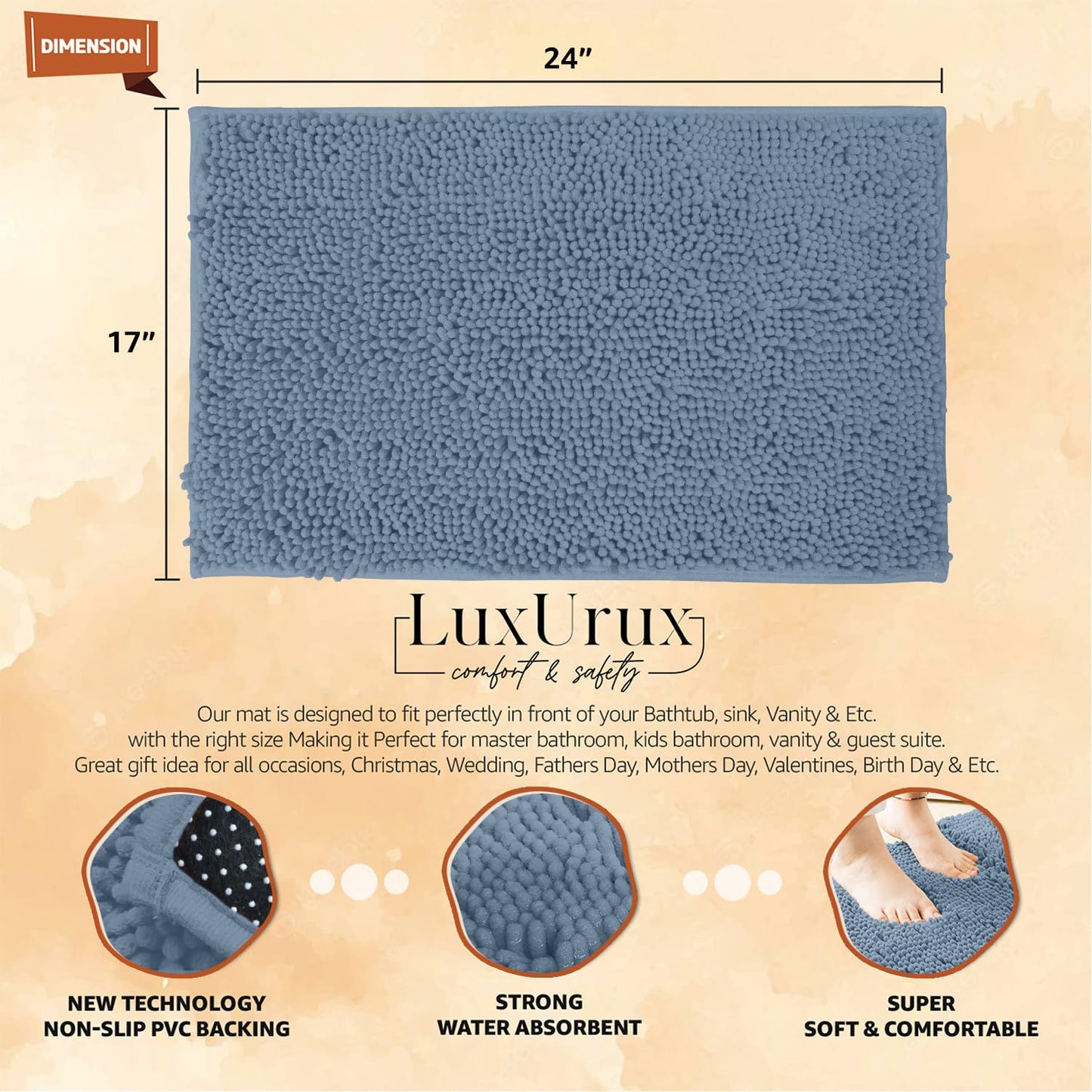 LuxUrux Bath Mat, Extra-Soft Plush Non-Slip Bathroom Rug, Luxury Chenille Microfiber Material, Super Absorbent Shaggy Bath Rug. Machine Wash & Dry (17 x 24 inches, Sky Blue)