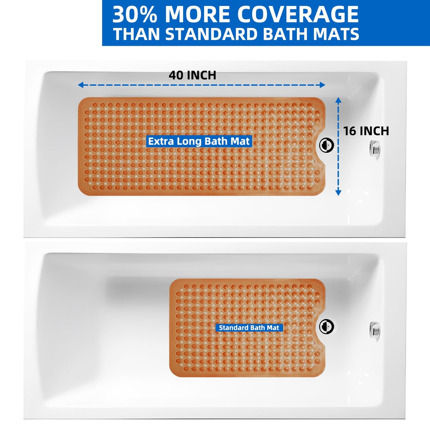 ZHICHENG Bath Tub and Shower Mats, Non-Slip 39 x 16 Inch Extra Long Bath Mat, Machine Washable Bathtub Mat with Drain Holes, Suction Cups for Bathroom (Colour Brown)