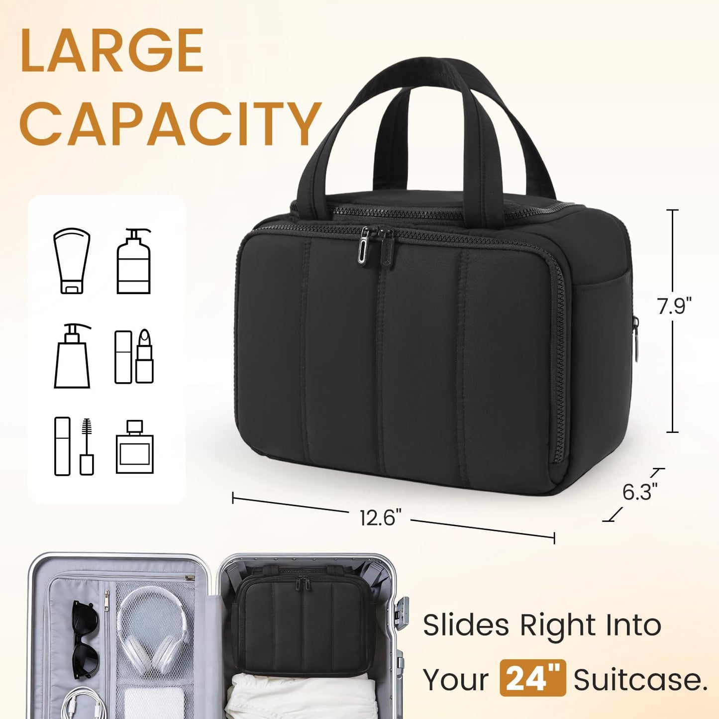 SODEER Toiletry Bag for Women Puffy Large,Travel Makeup Bag,Large Toiletry Bag with Adjustable Dividers,Waterproof Cosmetic Travel Bag with Trolley Sleeve,Toiletries Organizer,Black