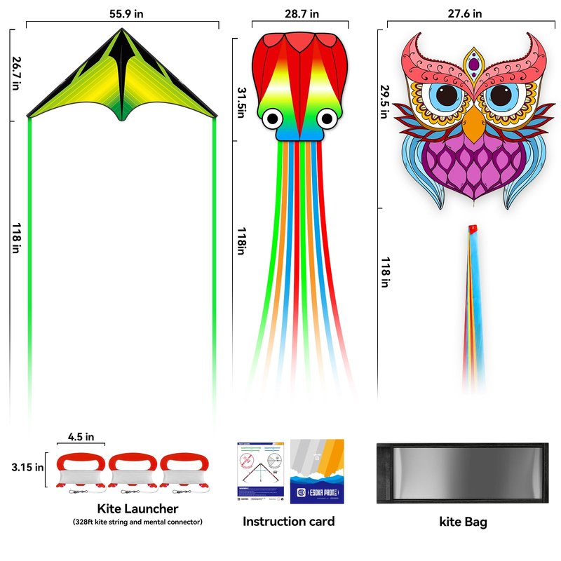 Kites for Adults & Kids Ages 4-8,Beach Kites Easy to Fly for Beginner, with Handle and 328ft Kite String，Best Toy and Gift for Boys & Girls. (Purple Owl,Grassland,Octopus, 3)