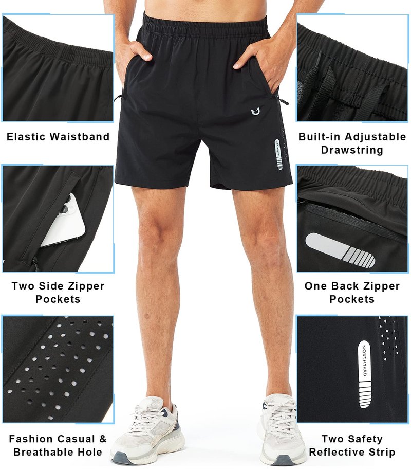 NORTHYARD Men's Athletic Running Shorts Gym Workout 7"/9"/5" Quick Dry Lightweight Sports Basketball Tennis 3 Zipper Pockets Black-5inch 2XL