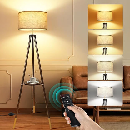 OUTON Wood Tripod Floor Lamp with Shelves, Mid Century Floor Lamp with Remote Control, 4 Color Temperature, LED Modern Dimmable Standing Lamp for Living Room, Bedroom, Office, Black & Gold