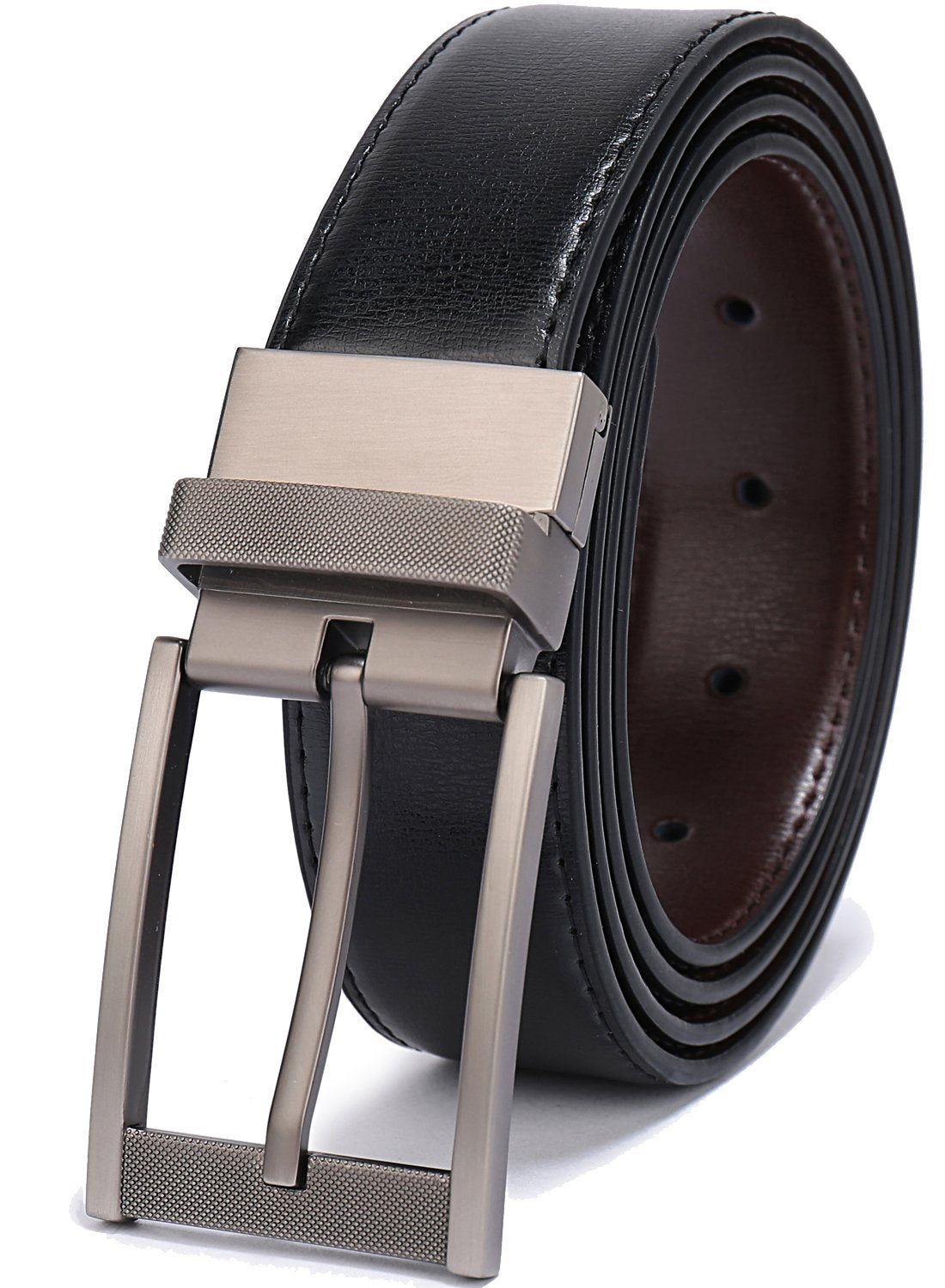 Belts for Men Reversible Leather 1.25" Waist Strap Fashion Dress Buckle Beltox(28-30,Sub-brushed Buckle Black/Brown)