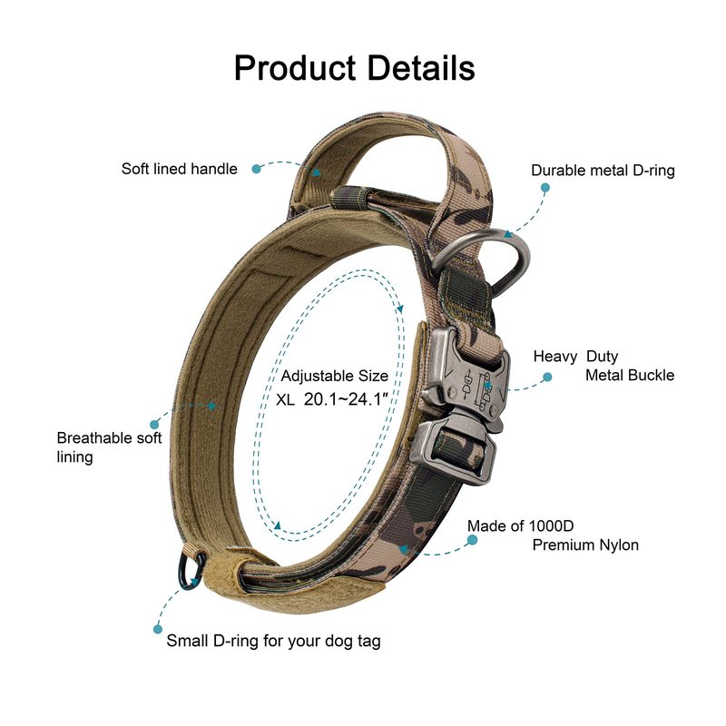 OEBEESA Tactical Dog Collar Adjustable Military Collar: - Nylon K9 Collars with Handle and Heavy Duty Metal Buckle for Medium and Large Dogs with 3 Patches and Airtag Case Holder (XL, Camo)