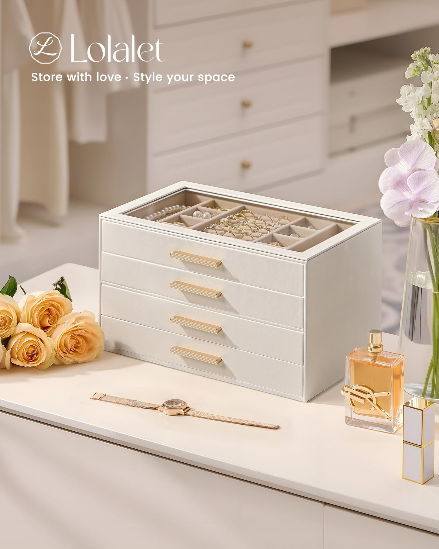 Lolalet Jewelry Box Organizer, 4-Layer Jewelry Organizers and Storage Case with Glass Lid, Ring Earring Bracelet Necklace Holder Organizer, Birthday Valentine Gifts for Women Girls -4Layer, Beige