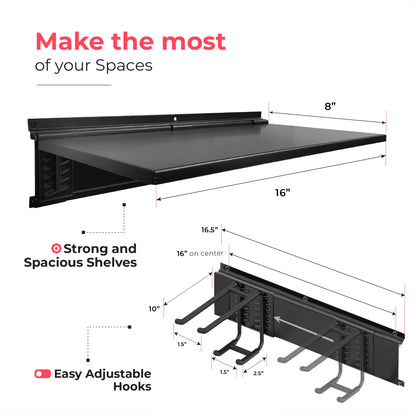 TIDYME Garage Tool Organizer Wall Mount | 48-Inch Garage Wall Organizer & Folding Chair Rack | Heavy-Duty Tool Hanger System | 9-Piece Kit with 3 Steel Rails & 6 Adjustable Hooks | 300 lbs Capacity