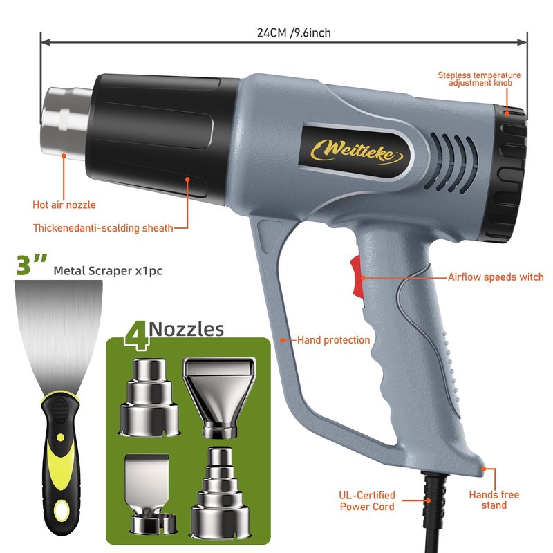 Weitieke Heat Gun, 10Ft power cord Heavy Duty Hot Air Gun 572&1112℉ Dual Temperature Control 4 Nozzels & Paint Scraper Overload Protection for Paint Stripping,Crafting, vinyl wrap