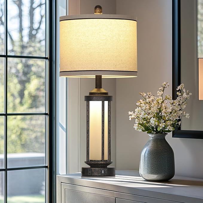 27" Industrial Farmhouse Table Lamp, Vintage Rustic Beside Lamp with USB A+C Charging Ports & AC Outlet, Modern Single Table Lamp with Frosted Glass Night Light for Bedrooms Nightstand Bronze