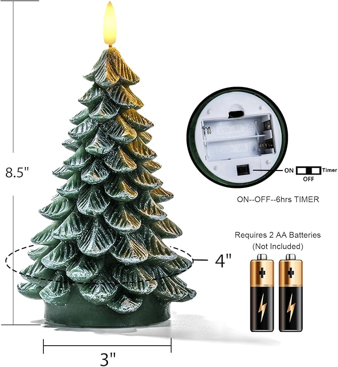 Homemory Christmas Tree Candles with 6 Hours Timer, 2 Pcs Waxy LED Flameless Candles Flickering, Green Electric Candles Battery Operated for New Year Celebration Holiday Decorations 8.5 Inches