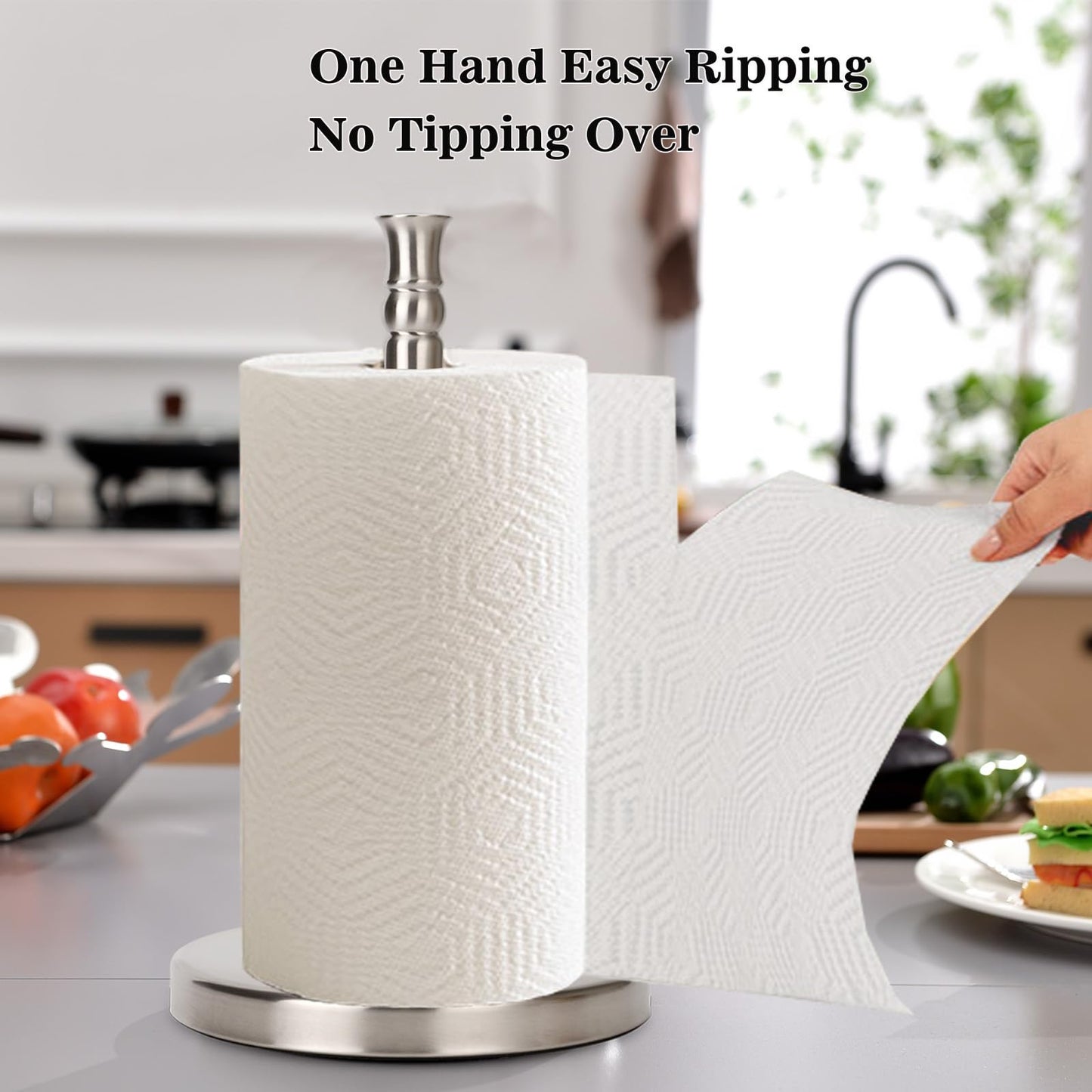 Sfemn Paper Towel Holder Countertop, Standing Paper Towel Roll Holder for Kitchen Bathroom, with Weighted Base for One-Handed Operation, No Wobbly (Brushed Nickel)