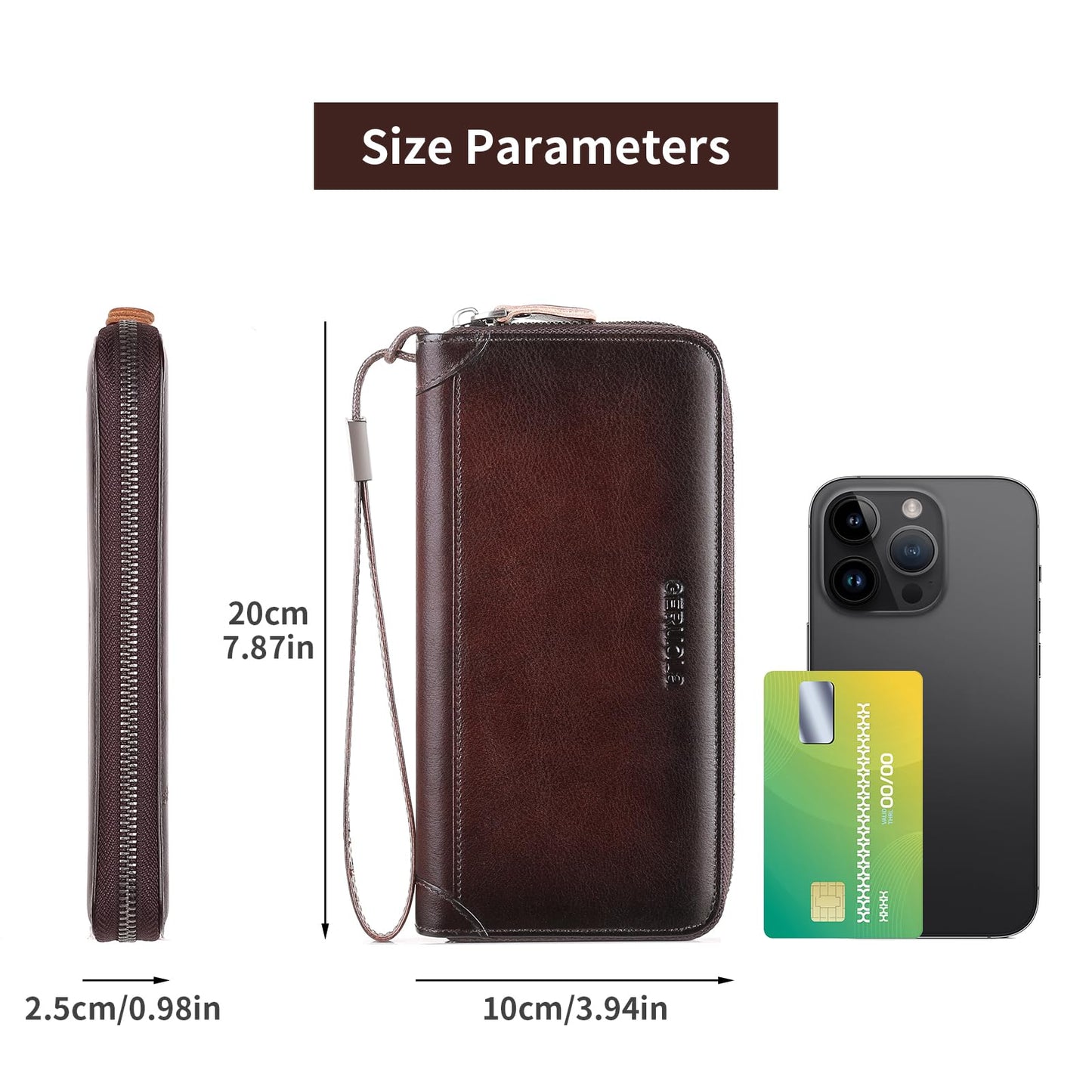 Men's Genuine Leather Zipper Wallet with RFID Blocking, Phone Pocket，Long Zipper Pouch Wallet (Coffee)
