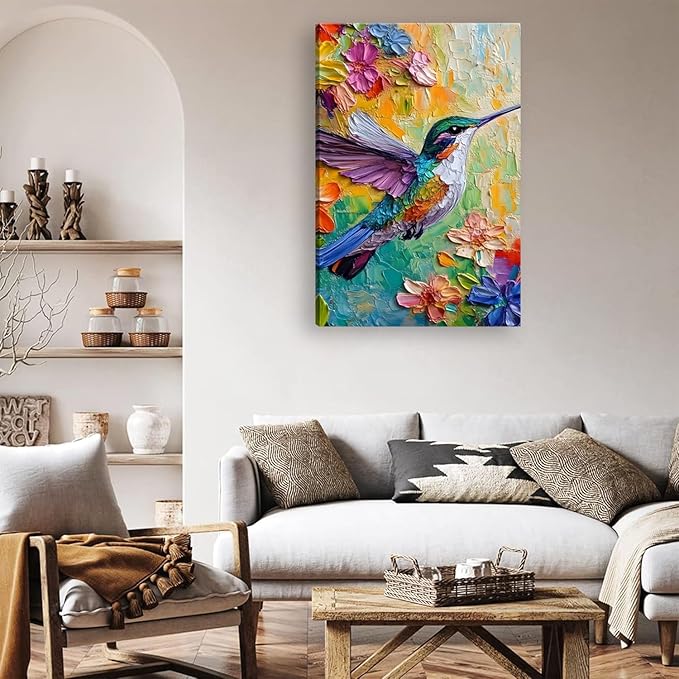 2D No Texture Colorful Painting Hummingbird Canvas Wall Art, Spring Flower Wall Decor, Hummingbird Picture for Wall Living Room Bathroom Bedroom Home Decoration 12*18 in (Stretched Canvas on A Wooden Frame)