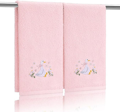 2 Pcs Silly Goose Hand Towels Blush Pink Bathroom Decor 14x29 Inch Embroidered