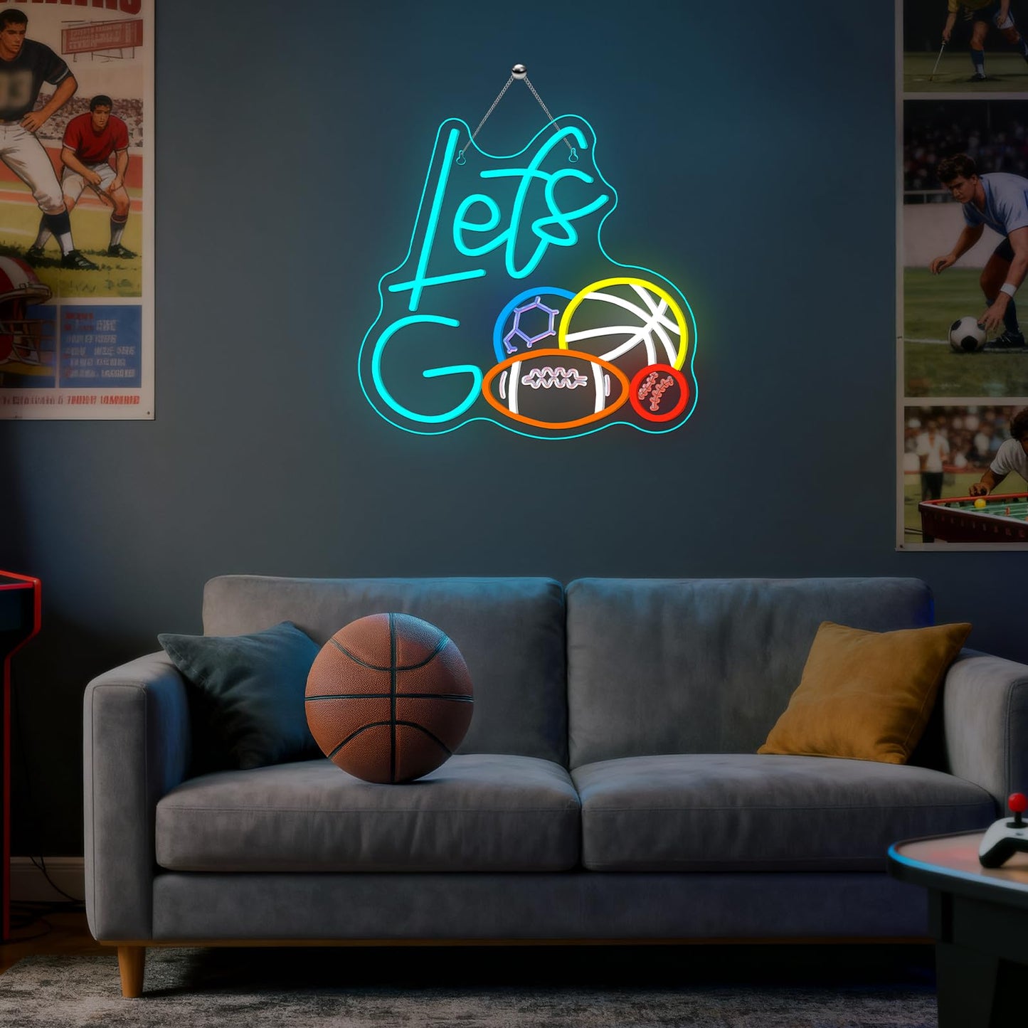 Sports Neon Sign Let's Go Basketball LED Light 4 Balls Combination Sign Light Up Baseball Wall Decor for Gym Themed Party Lighted Football Gifts for Sports Lover