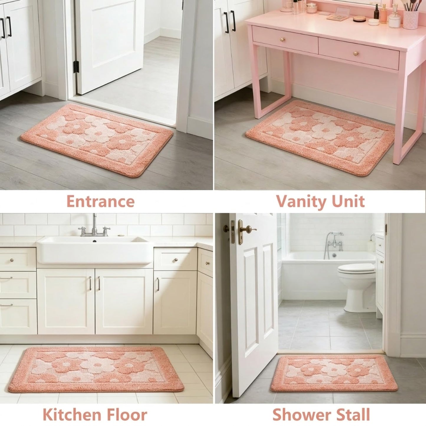 Pink Flower Bath Mat Cute Bathroom Rugs Lovely Shower Bathtub Mat Microfiber Soft Welcome Doormat Non-Slip TPR Backing Shower Rug Plush Shaggy Bath Carpet, 20x32