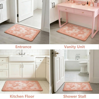 Pink Flower Bath Mat Cute Bathroom Rugs Lovely Shower Bathtub Mat Microfiber Soft Welcome Doormat Non-Slip TPR Backing Shower Rug Plush Shaggy Bath Carpet, 20x32