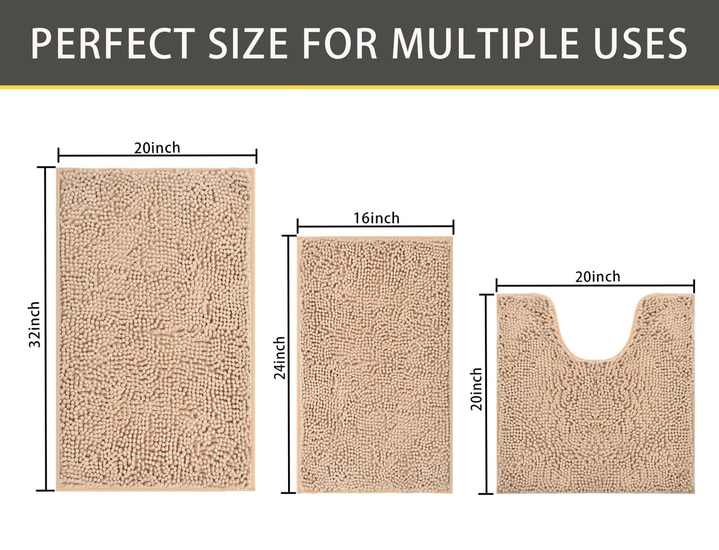 Bathroom Rugs Sets 3 Piece,Bath Mats for Bathroom Non Slip, Thick Chenille Bath Rug,Soft and Absorbent Shaggy Bathroom Mat Set, Machine Wash & Quick Dry Durable Carpet for Bath, Kitchen,Beige