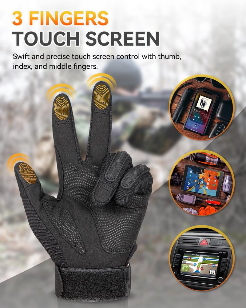Tactical Gloves for Men and Women, Motorcycle Gloves Black Touchscreen with Hard Shell for Airsoft, Paintball, Motocross, Hunting, Shooting, Camping, ATV Riding, Outdoor Sports, Work (Black, Large)