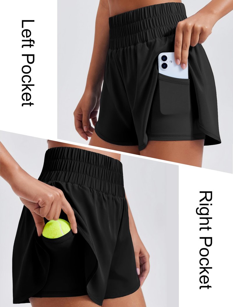 PINSPARK Women 2 in 1 Running Athletic Shorts High Split Dolphin 3 Inch Gym Shorts Quick-Dry Workout Active Sports Shorts with Liner and Pockets, Black Large