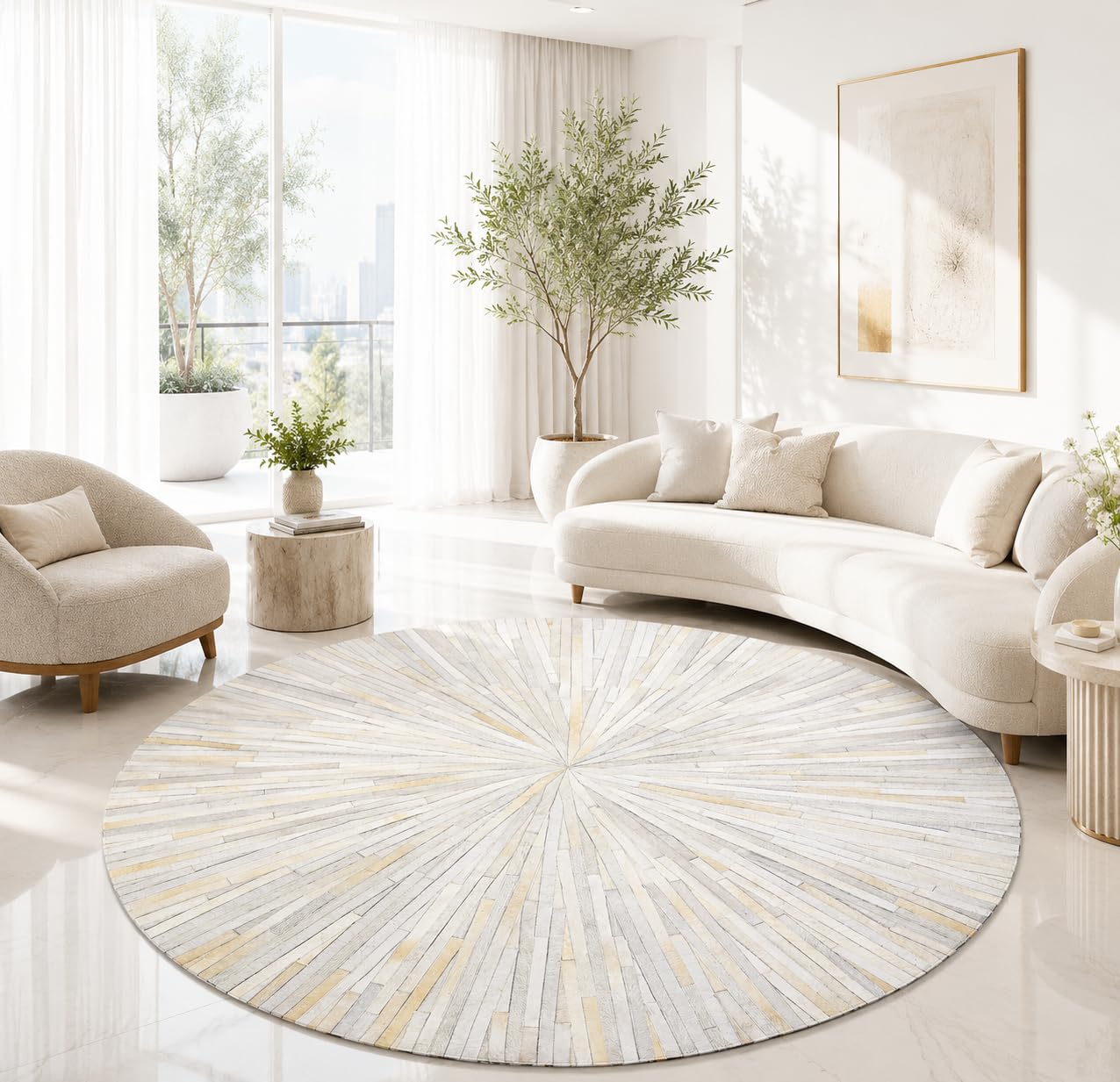 VELMONT STUDIO Round Leather Area Rug – Handmade Genuine Leather 10 x10 ft Carpet for Living Room, Bedroom & Office – Premium Decorative Floor Rug, Durable & Stylish Home Décor White Rug