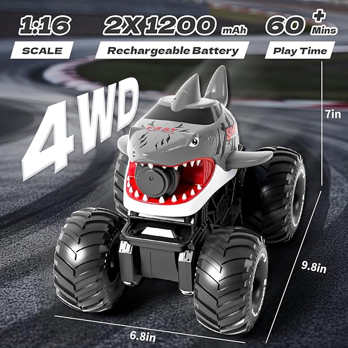 Gesture Sensing Amphibious Remote Control Gray Shark Monster Truck with Water Squirt 4WD 1:16 RC Car All-Terrain Waterproof RC Tank Pool Toy Outdoor Summer Gifts for Kids Age 6+（2 Replaceable battery)