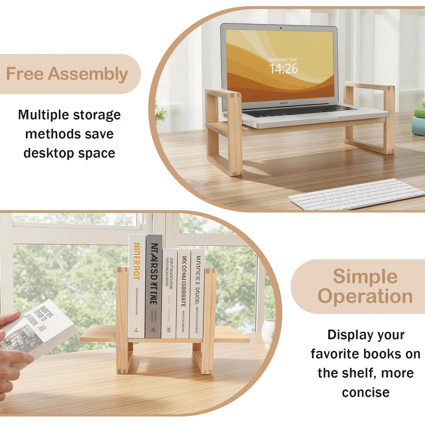 Desk Shelf, 100% Solid Wood Adjustable Desktop Bookshelf, No Tools, Nails or Glue Required for 130lb Load Capacity for Living Room, Office, Books, Cookbooks, Interlocking Joints Nature Pine Color