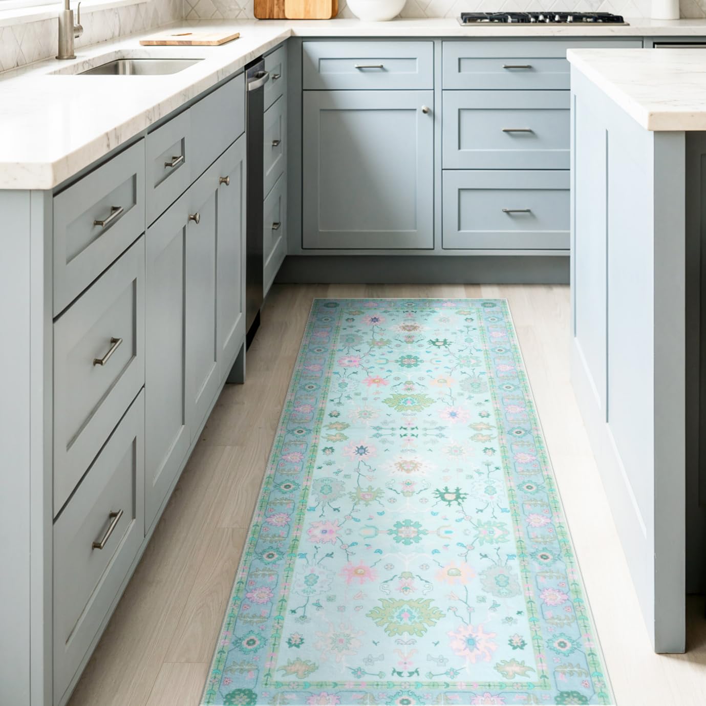LIVEBOX Modern Oushak Bedroom Runner Rug, Boho Floral 2x6 Runners for Hallways 6ft, Non Slip Washable Soft Rug Kitchen, Ultra Thin Turkish Retro Carpet Runners for Bathroom Entryway, Blue