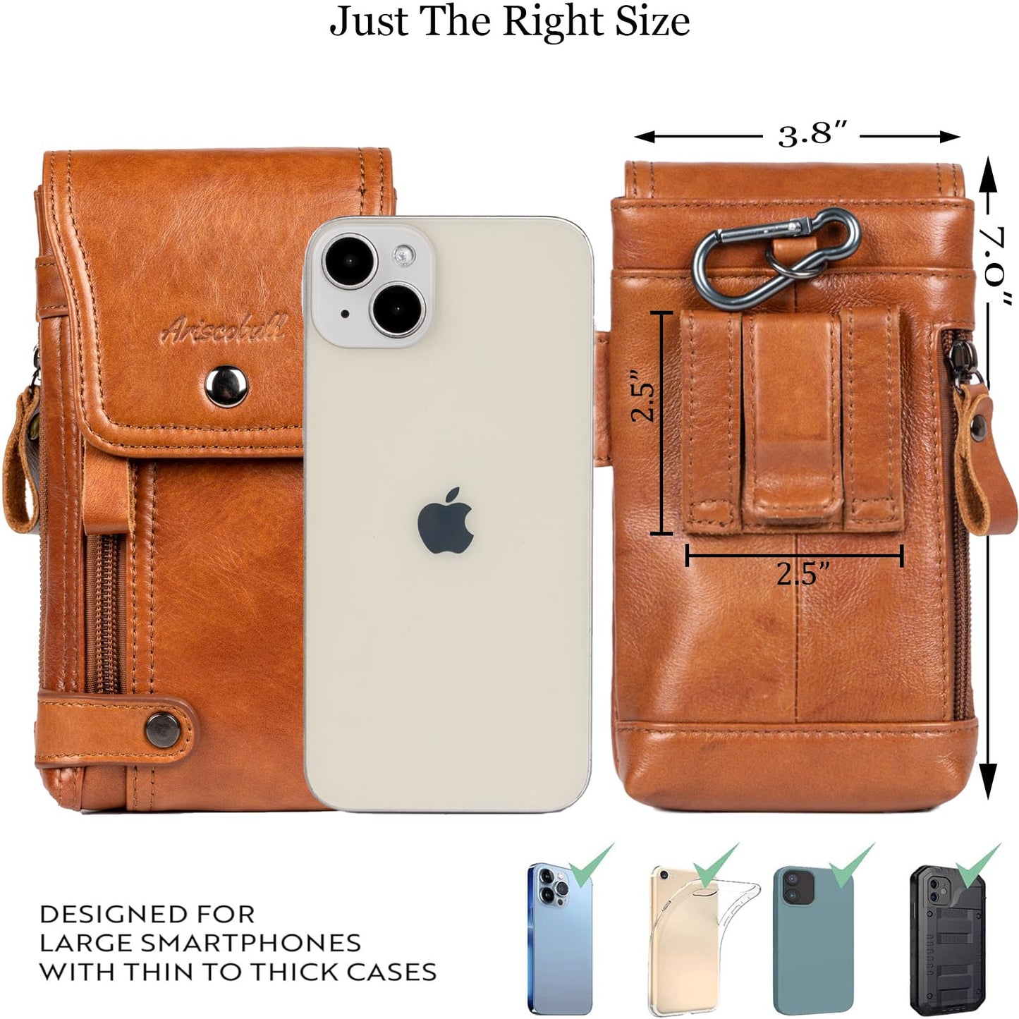 Ariscobull - Leather Phone Holster - Genuine Full-Grain Buffalo Leather Cell Phone Holsters - for iPhone 16, 15, 14, 13pro, Galaxy S24, S23, S22 (Brown, Large)
