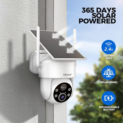 LITYMOL 2K 360° View Security Cameras Wireless Outdoor, Solar Cameras for Home Security, Color/IR Illumination Night Vision, AI Detection, 2-Way Audio, Siren Alarm, SD/Cloud Storage, 2.4g WiFi