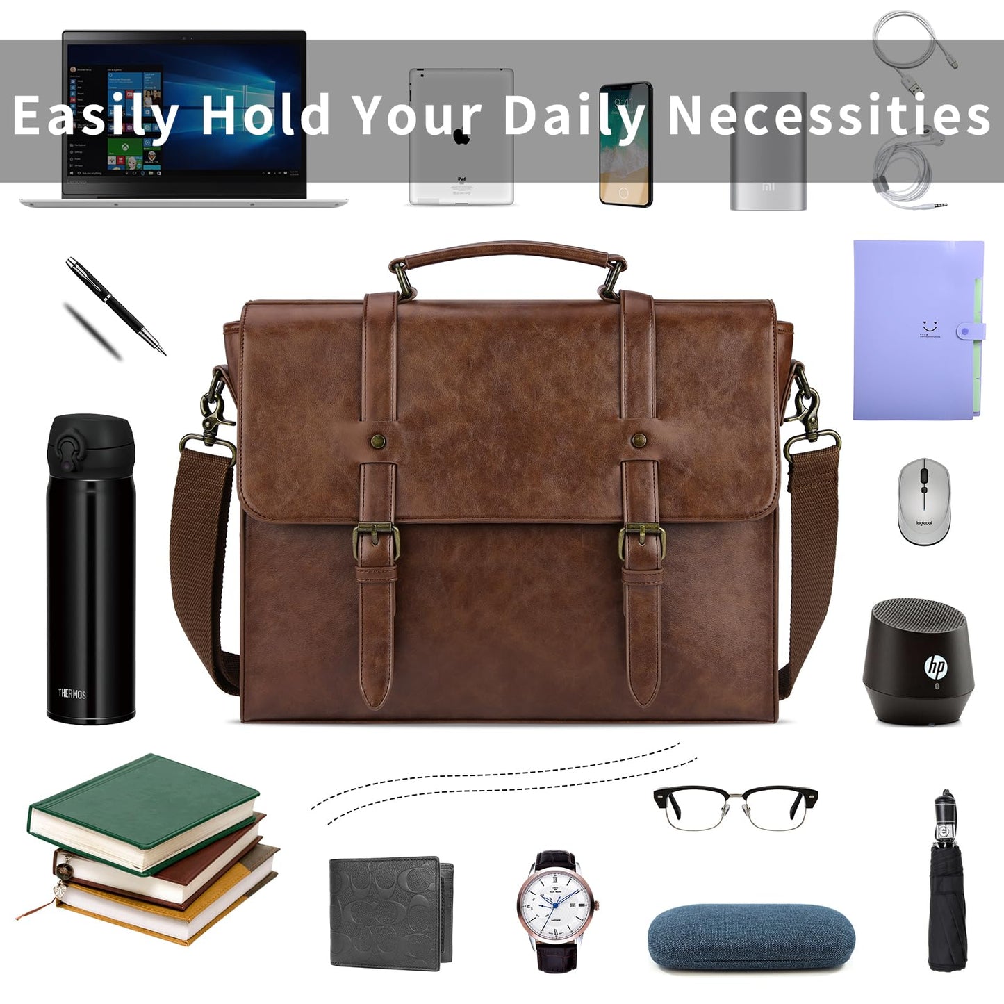 Leather Mens Messenger Bag Vintage 15.6 Inch Waterproof Leather Laptop Briefcase Satchel Shoulder Bag Computer Laptop Bag, Dark brown