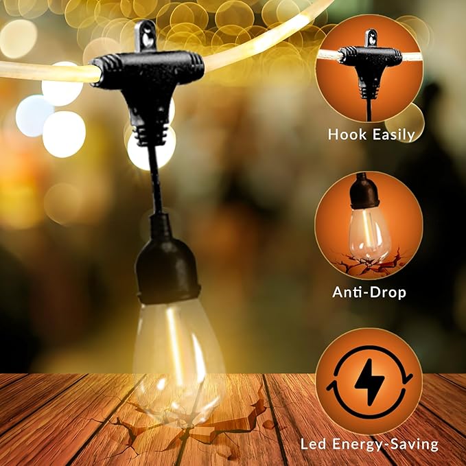 Outdoor String Lights 28.2 FT, Waterproof Dimmable LED Edison Bulbs with Remote, Rope-Style Durable Design, Commercial-Grade Patio Lights, Decorative for Garden,Gazebo,Backyard, Party & Holiday