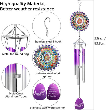 Wind Chimes for Outside with Wind Spinner Mandala Lucky Clover,33" Memorial WindChimes Outdoor Hanging Decor for Zen Garden Patio,Best Gifts for Mom Women Wife Grandma,Christmas Ornaments