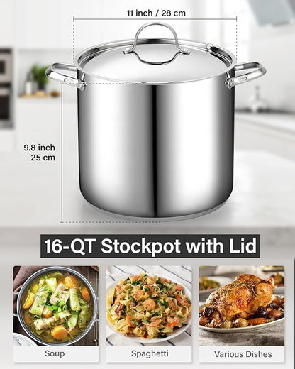Cooks Standard Classic 16 Quart Stock Pot with Lid, Large Stainless Steel Pot