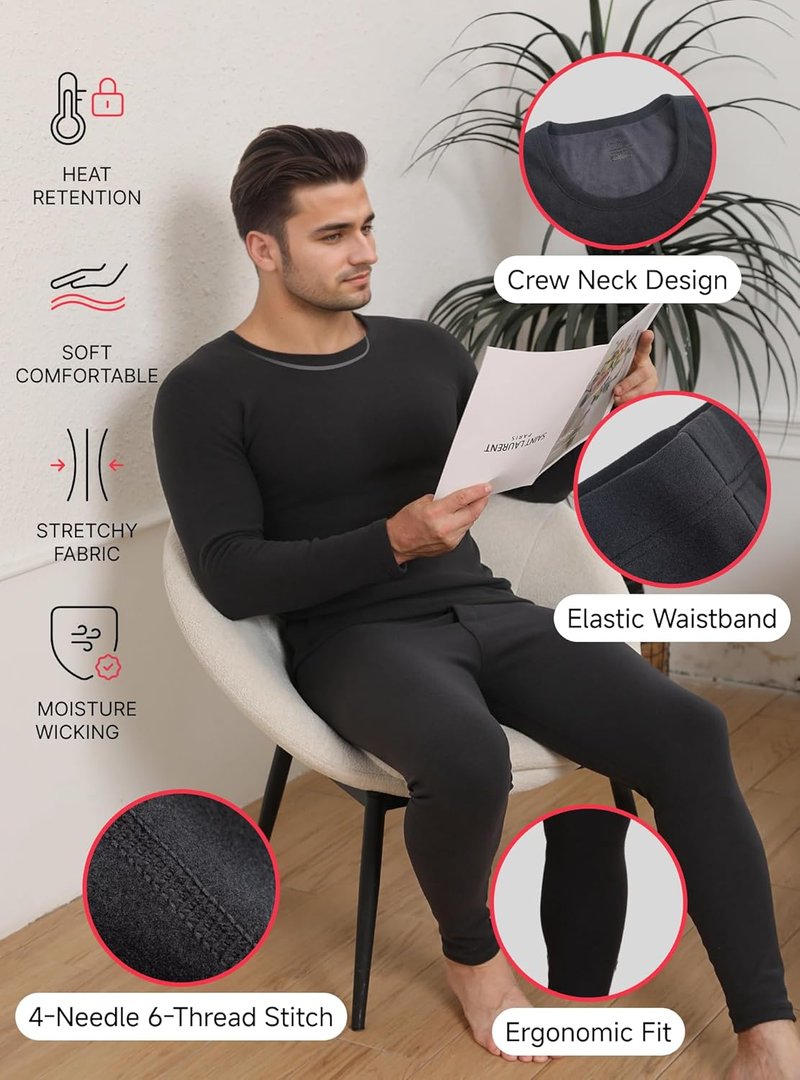 Thermal Underwear for Men - Warm Thick Wool Long Johns with Polar Fleece Lining | Soft Stretchy Winter Base Layer