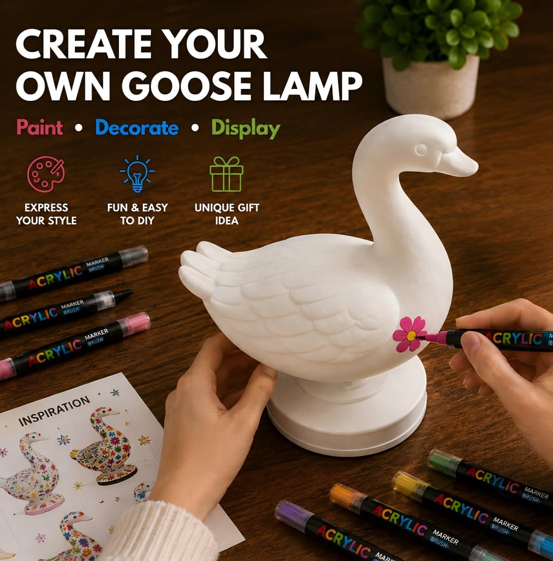 Eastyle DIY Paint Lamp Kit for Kids & Adults - USB Powered Goose Night Light with Lamp Painting Kit & Markers - Creative DIY Crafts for Teens & Unique Paint Gift for Birthday, Room Decor & Art Lovers
