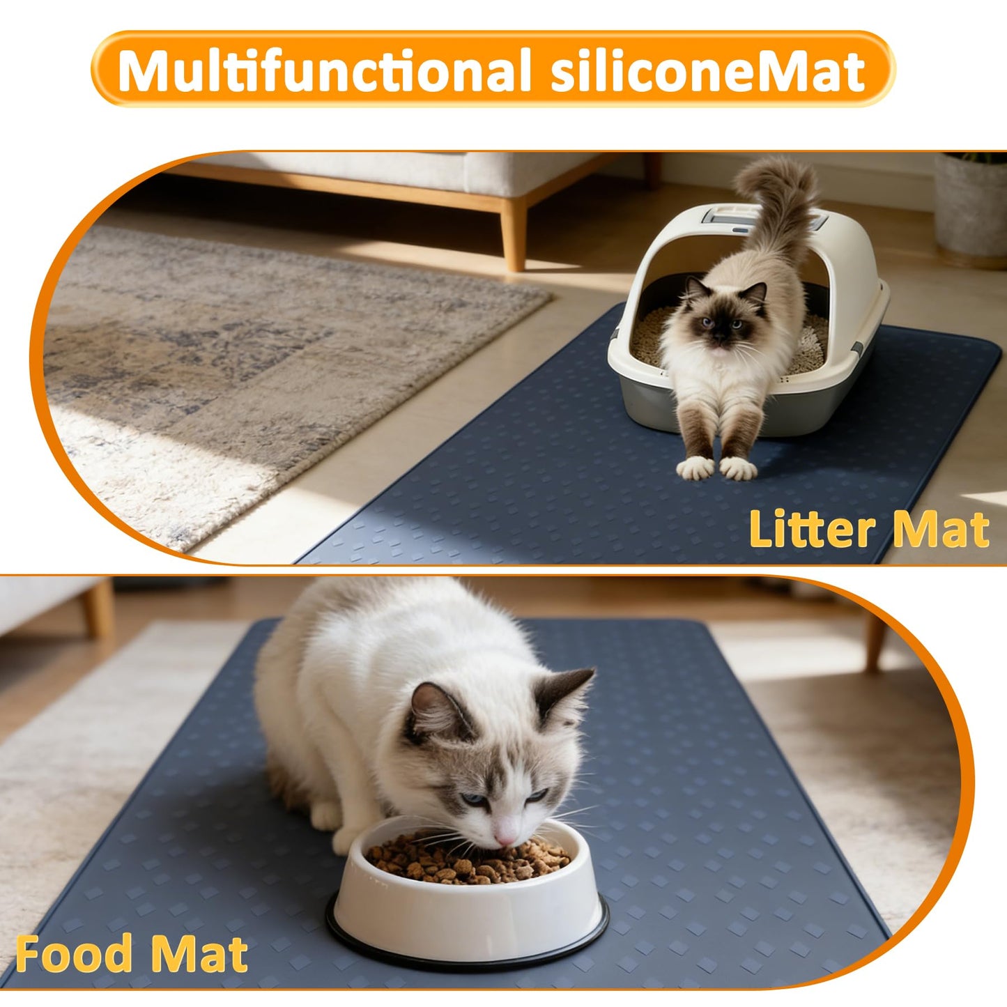 kanuoc Cat Litter Mat, XXXL 52"x26" Extra Large Litter Mats Silicone, Jumbo Waterproof Floor Mat for Pets, Litter Trapping, Easy to Clean for Multi-cat Households(Grey)